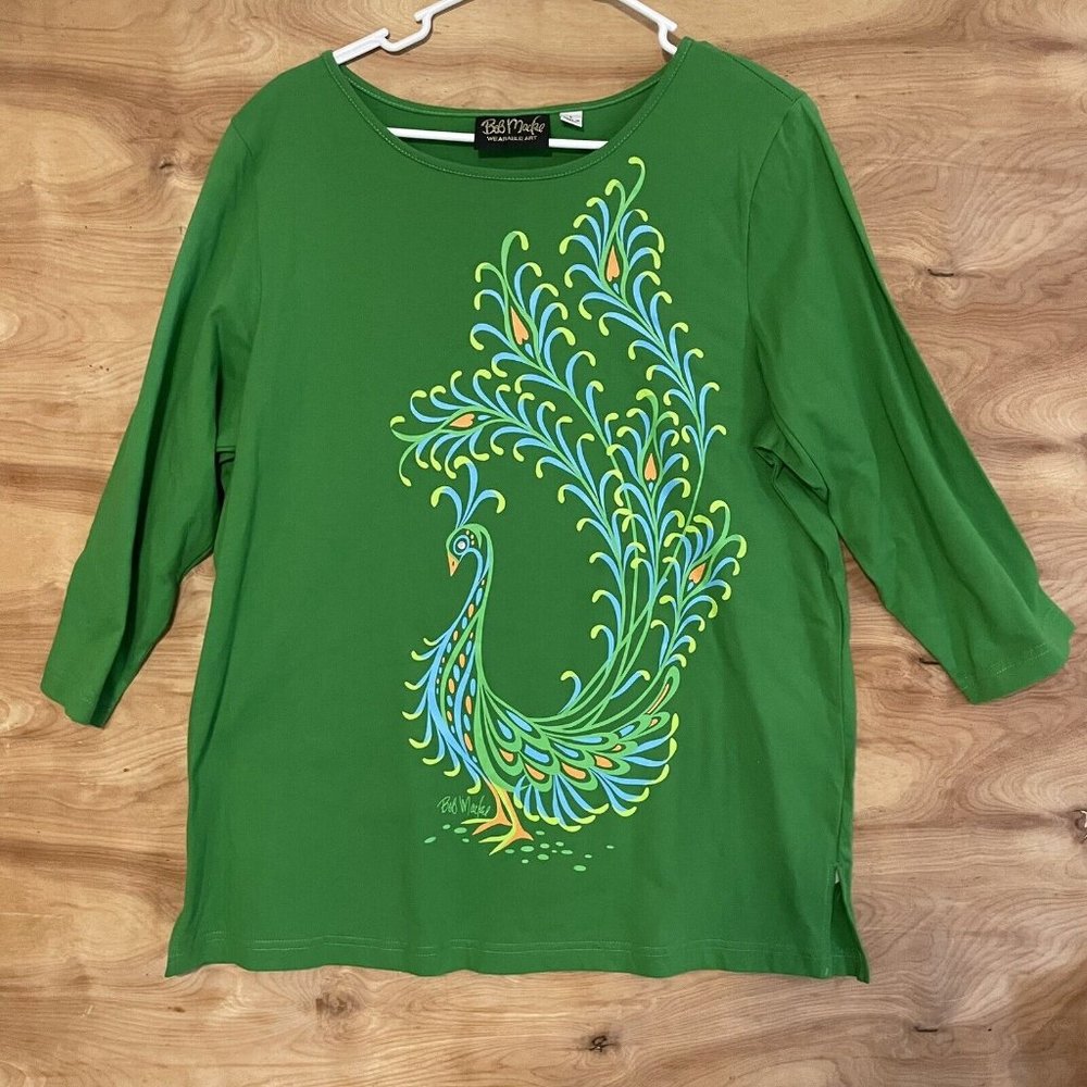 Bob Mackie Green Floral Peacock  Top 3/4 T Shirt L Butterfly  EUC